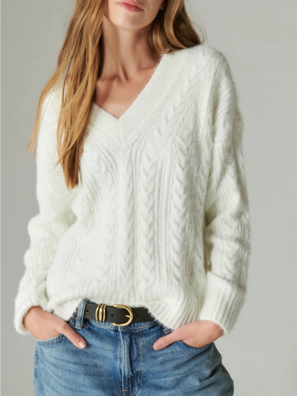 Women's LUCKY BRANND Cozy Cable V-Neck Soft EYELASH SWEATER CREAM COLOR SZ M